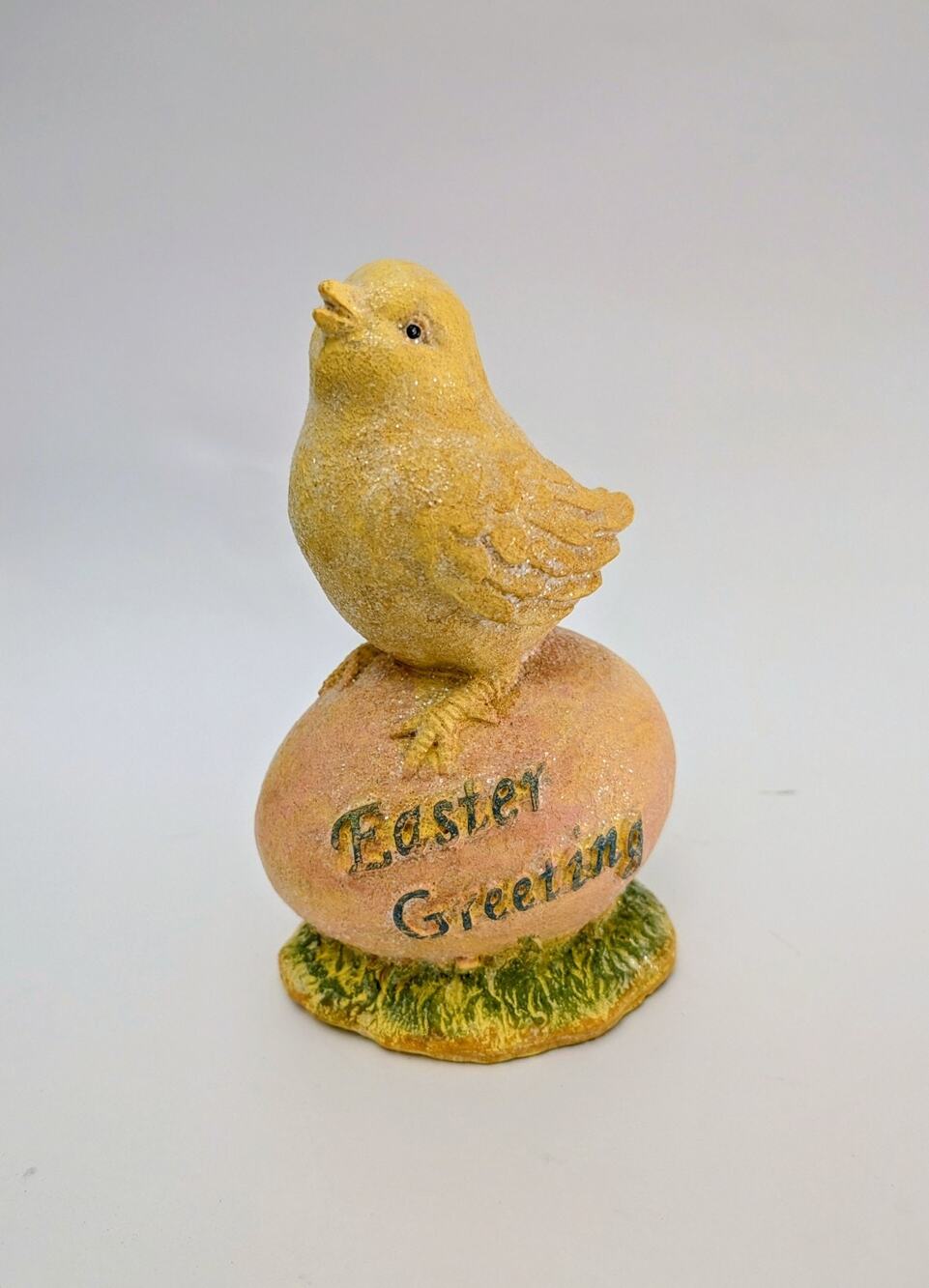 Glittered Chick On Egg Easter Greetings 7" Vintage Style Pink Yellow